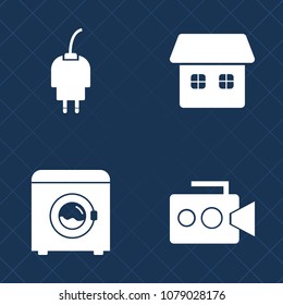 Premium set of fill vector icons. Such as equipment, machine, estate, film, architecture, handle, power, movie, white, charge, household, camera, recharge, camcorder, laundry, professional, modern