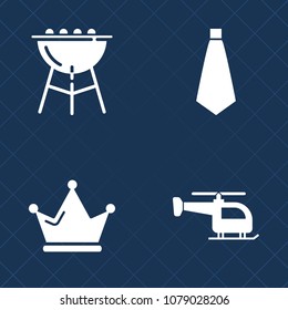 Premium set of fill vector icons. Such as necktie, formal, meal, crown, princess, tie, cook, barbecue, picnic, luxury, hot, sign, royal, vehicle, style, business, chopper, aviation, clothing, fly, air