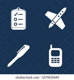 Premium set of fill vector icons. Such as pencil, white, spaceship, craft, check, science, drawing, paper, office, spacecraft, blue, stationery, call, shuttle, document, mark, school, tool, pen, form