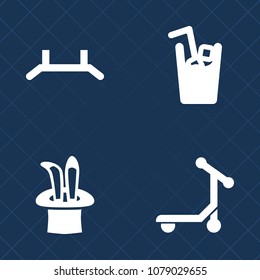 Premium set of fill vector icons. Such as juice, hat, template, background, pull, wand, speed, roll, advertisement, wizard, presentation, cocktail, display, stand, soda, transportation, backdrop, show