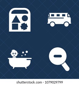 Premium set of fill vector icons. Such as wash, road, bathtub, care, childhood, car, kid, boy, bath, cute, baby, bus, pictogram, simple, duck, graphic, transportation, motion, urban, white, child, web