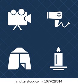 Premium set of fill vector icons. Such as tent, hairstyle, light, projector, presentation, style, fire, summer, care, camp, recreation, flame, candlelight, movie, hairdresser, fashion, cinema, travel