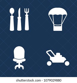 Premium set of fill vector icons. Such as utensil, basket, dishware, room, hot, knife, balloon, dinner, transport, cut, cutlery, furniture, home, comfortable, lawnmower, grass, sofa, lawn, interior