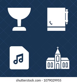 Premium set of fill vector icons. Such as object, melody, religion, landmark, book, chapel, music, magnifying, magnifier, faith, architecture, black, focus, christian, worship, key, note, catholic