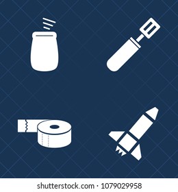 Premium set of fill vector icons. Such as technology, percussion, blue, food, rocket, top, drum, background, tape, spaceship, packing, office, pan, element, household, music, piano, bright, acoustic