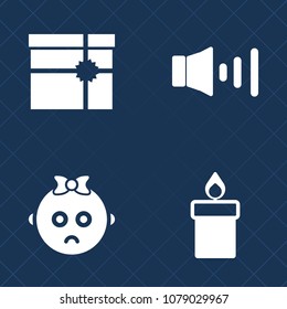 Premium set of fill vector icons. Such as child, portrait, fire, glowing, christmas, box, object, flame, infant, childhood, baby, little, boy, decoration, sad, interface, speaker, present, white, loud