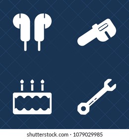 Premium set of fill vector icons. Such as toolbox, metal, white, baked, work, sign, earphone, delicious, equipment, screwdriver, sugar, volume, entertainment, repair, cream, industry, brush, wrench