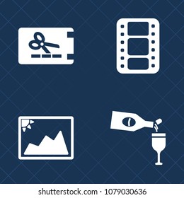 Premium set of fill vector icons. Such as alcohol, banner, cinematography, picture, wineglass, offer, multimedia, coupon, entertainment, wine, discount, blank, album, photo, movie, red, gift, frame