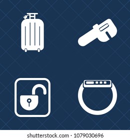 Premium set of fill vector icons. Such as open, security, touch, spanner, saw, briefcase, protection, device, time, padlock, wireless, sign, lock, tool, secure, bag, screen, safe, handle, gadget, case