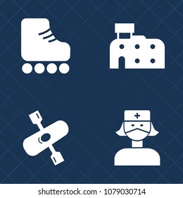 Premium set of fill vector icons. Such as style, boot, nurse, medicine, activity, structure, lake, building, urban, canoe, real, city, kayaking, rowing, skating, architecture, hospital, hotel, skate