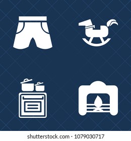 Premium set of fill vector icons. Such as holiday, shorts, rocking, wear, interior, home, cooking, modern, toy, cook, inside, duck, fire, clothes, white, room, christmas, warm, kitchen, short, play