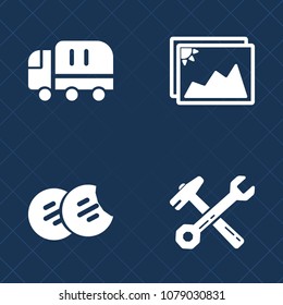 Premium set of fill vector icons. Such as truck, repair, old, business, spanner, service, hammer, construction, sweet, tasty, work, van, empty, paper, food, image, chocolate, frame, cargo, tool, snack