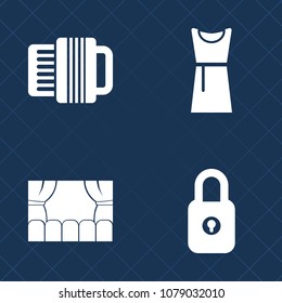 Premium set of fill vector icons. Such as accordion, equipment, lady, movie, lock, padlock, password, feminine, background, entertainment, model, sign, clothes, safe, girl, dress, play, acoustic, art