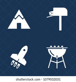 Premium set of fill vector icons. Such as hiking, spaceship, future, post, open, communication, meat, bbq, outdoor, cooking, mailbox, green, letter, mail, service, recreation, summer, mountain, fire