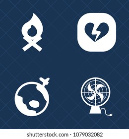 Premium set of fill vector icons. Such as heart, bonfire night, planet, cooling, camp, cold, fan, earth, bonfire, fire, fly, airplane, hot, travel, vacation, concept, air, firewood, day, broken, smoke