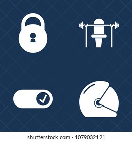 Premium set of fill vector icons. Such as muscle, health, element, exercise, motorcycle, fitness, motor, open, helmet, healthy, internet, bodybuilding, sport, lock, protection, safety, security, web, 