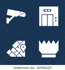 Premium set of fill vector icons. Such as wall, jewelry, europe, atlas, asia, camera, africa, door, global, silver, travel, cctv, kingdom, digital, modern, protection, office, security, metal, royal