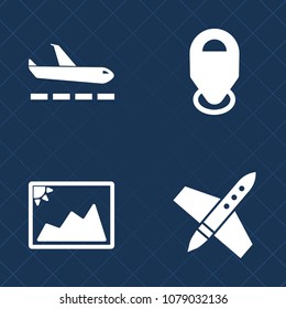 Premium set of fill vector icons. Such as navigation, spacecraft, direction, album, photo, picture, ship, paper, rocket, airplane, pointer, pin, flight, galaxy, science, frame, location, plane, retro