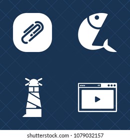 Premium set of fill vector icons. Such as building, ocean, internet, healthy, animal, attach, page, movie, lighthouse, fastener, white, safety, seafood, multimedia, tower, food, house, school, fresh