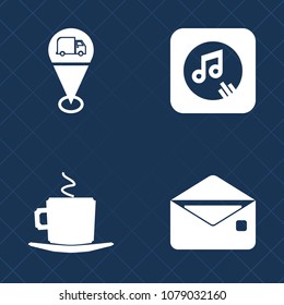 Premium set of fill vector icons. Such as gps, direction, mail, point, hot, silhouette, business, cup, email, internet, music, cafe, marker, travel, sign, espresso, note, drink, map, morning, sound