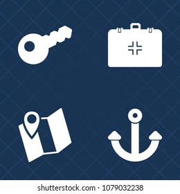 Premium set of fill vector icons. Such as health, medicine, map, key, travel, place, unlock, close, heavy, aid, door, direction, secure, steel, naval, gps, access, security, box, equipment, road, lock
