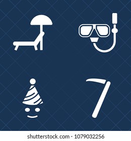 Premium set of fill vector icons. Such as leisure, birthday, sea, little, equipment, relaxation, smile, repair, tool, sunbed, work, screwdriver, construction, beach, snorkeling, costume, goggles, kid