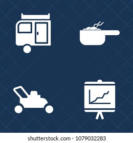Premium set of fill vector icons. Such as sky, chicken, chart, summer, tool, cuisine, graph, meal, graphic, stew, pot, dinner, trip, diet, vegetable, journey, transport, lunch, mower, holiday, camp