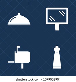 Premium set of fill vector icons. Such as kitchen, open, traffic, delivery, frame, billboard, service, dinner, message, dish, piece, pawn, correspondence, white, outdoor, banner, communication, king