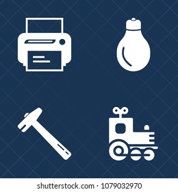 Premium set of fill vector icons. Such as idea, equipment, wrench, machine, printer, tool, spanner, travel, repair, toy, bulb, pliers, electricity, laser, paper, photocopier, ink, train, office, print