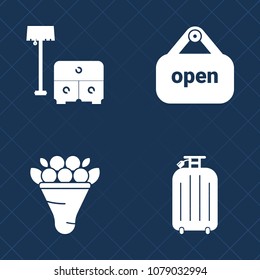 Premium set of fill vector icons. Such as wardrobe, suitcase, white, travel, market, red, rose, bouquet, home, petal, gift, flower, decoration, sofa, nature, armchair, shop, retail, floral, open, bag