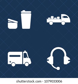 Premium set of fill vector icons. Such as black, cup, hot, microphone, audio, beverage, sugar, aid, van, service, transport, vehicle, brown, rescue, music, drink, transportation, ambulance, cargo, mug