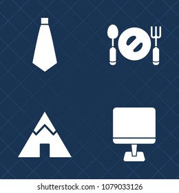 Premium set of fill vector icons. Such as dinner, tent, tie, suit, camp, green, leisure, monitor, spoon, pc, formal, tourism, business, computer, style, food, outdoor, hiking, landscape, recreation