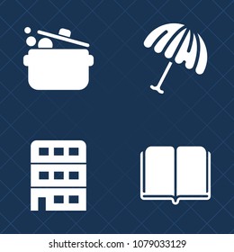 Premium set of fill vector icons. Such as protection, vacation, knife, beach, fork, umbrella, relaxation, education, white, cooking, rain, sign, knowledge, house, open, literature, city, structure