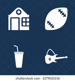 Premium set of fill vector icons. Such as soccer, white, construction, building, guitar, sign, cold, sport, goal, office, real, modern, spotlight, business, american, sound, musical, action, home, cup