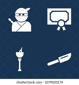 Premium set of fill vector icons. Such as samurai, celebrate, sword, graduation, japanese, template, award, ice, asian, fighter, frame, diploma, success, bucket, ninja, wine, katana, achievement, art