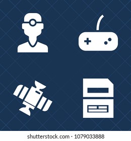 Premium set of fill vector icons. Such as satellite, patient, earth, spaceship, computer, video, medicine, station, healthcare, star, international, care, game, exploration, orbit, console, data, file