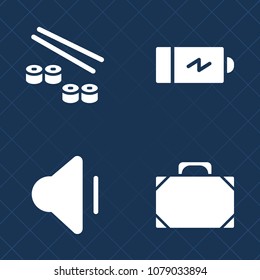 Premium set of fill vector icons. Such as button, sign, up, half, electricity, restaurant, fashion, meal, salmon, volume, style, battery, white, raw, food, asian, seafood, accessory, japanese, japan