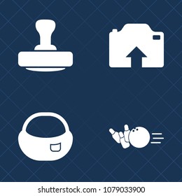 Premium set of fill vector icons. Such as pin, object, fun, competition, cloud, school, bowling, mark, internet, baggage, luggage, backpack, agreement, post, certificate, knapsack, haversack, bag, ink