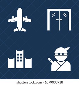 Premium set of fill vector icons. Such as architecture, aircraft, jet, plane, transparent, warrior, transport, airplane, front, art, window, building, indoors, frame, service, hotel, steel, door, key