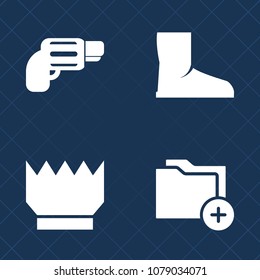 Premium set of fill vector icons. Such as protection, firearm, fashion, document, military, revolver, boot, crown, business, handgun, file, luxury, danger, collection, black, queen, object, wear, war