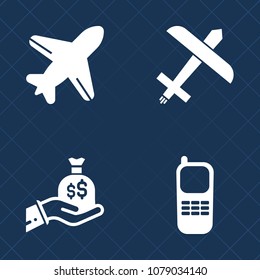 Premium set of fill vector icons. Such as telephone, office, cash, airport, transport, travel, equipment, stationary, technology, aircraft, bank, communication, call, investment, bag, dollar, white