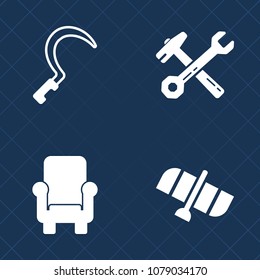 Premium set of fill vector icons. Such as chair, farming, field, modern, station, equipment, shuttle, planet, industry, satellite, style, technology, repair, wrench, metal, sickle, orbit, toolbox