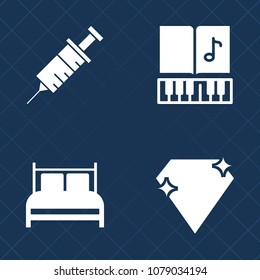 Premium set of fill vector icons. Such as bedding, sign, brilliant, gem, care, dentistry, night, furniture, diamond, black, note, music, health, drill, motel, tooth, musical, medical, clinic, gemstone