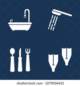 Premium set of fill vector icons. Such as dishware, home, water, meal, sea, table, spoon, wet, knife, fork, restaurant, flipper, plastic, shower, object, sport, swim, scuba, cutlery, activity, wash