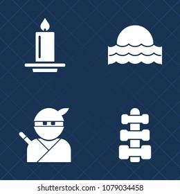 Premium set of fill vector icons. Such as sport, landscape, candlelight, bright, asian, sunlight, dumbbell, sky, light, sword, weapon, nature, summer, health, japan, equipment, decoration, fire, gym