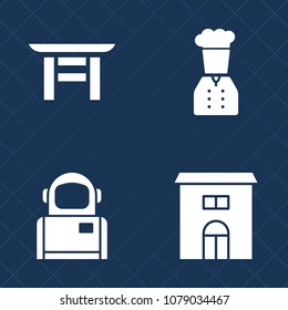 Premium set of fill vector icons. Such as sign, cosmonaut, science, earth, concept, shinto, japan, silhouette, shape, estate, asian, asia, architecture, spaceship, building, chief, religion, food, hat
