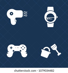 Premium set of fill vector icons. Such as shape, game, graphic, wireless, joystick, work, video, display, internet, bucket, mobile, technology, device, hair, play, air, shovel, dryer, gaming, watch
