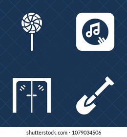 Premium set of fill vector icons. Such as handle, color, front, architecture, drill, sweet, office, door, colorful, transparent, lollipop, entrance, window, note, construction, dessert, stick, hammer