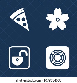 Premium set of fill vector icons. Such as lunch, food, cold, branch, air, pepperoni, security, fan, unlock, heat, cooling, password, wind, beautiful, cheese, padlock, nature, decoration, cherry, slice