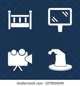 Premium set of fill vector icons. Such as magician, cot, fun, element, baby, movie, sign, home, outdoor, light, bedroom, poster, bed, crib, frame, film, projection, equipment, childhood, screen, hat